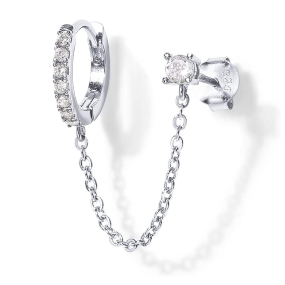 14K Gold Double Piercing Dangle Chain Huggie Hoop CZ Earrings In White Gold